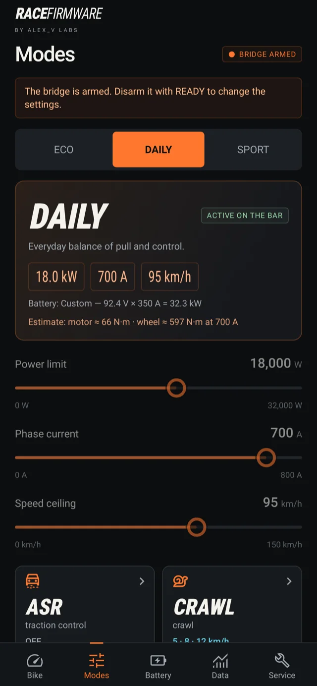 The Modes screen: ECO, DAILY and SPORT with current, power and speed limits