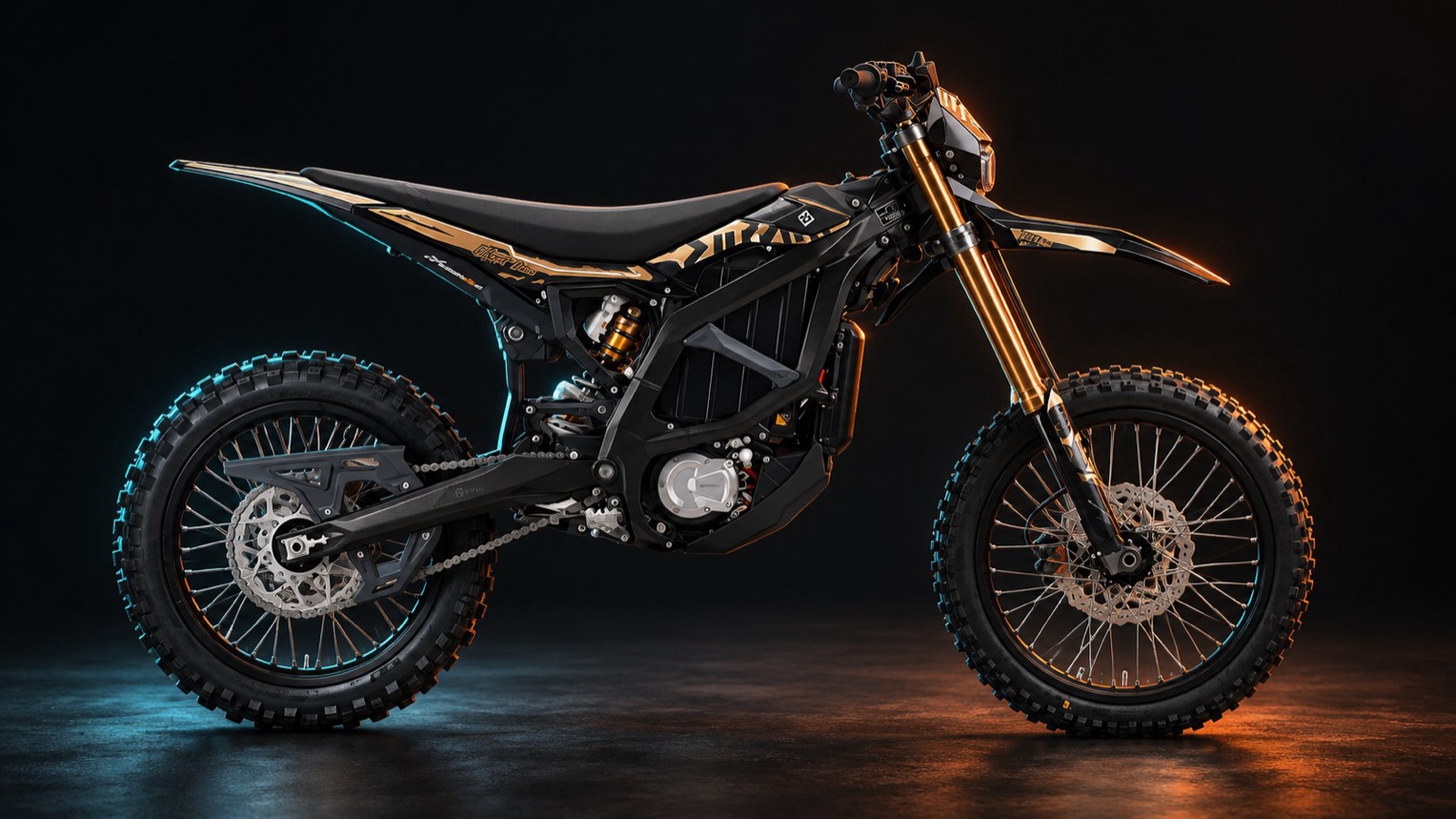 An Ultra Bee motorcycle in a dark studio with orange and cyan light